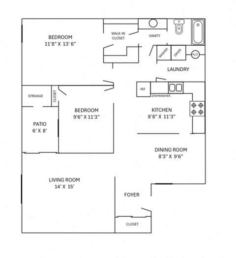 floor plan of a 2 bedroom 1 bathroom unit
